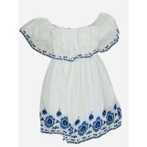 One The Land Off Shoulder Embroidered Dress S White Blue Boho Chic